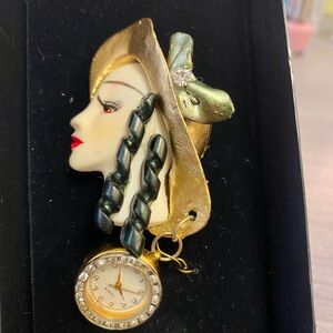 Vintage 70’s big plastic ladies head hat Brooch with Clock Pendant kitsch art